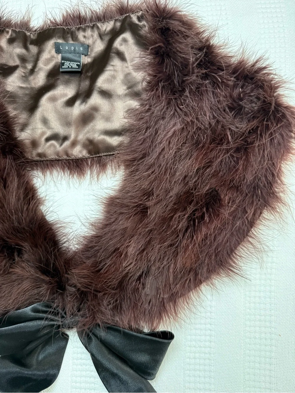 Lapis Real Turkey Feather Collar Scarf Brown Satin Tie Shrug Evening Wrap Luxury